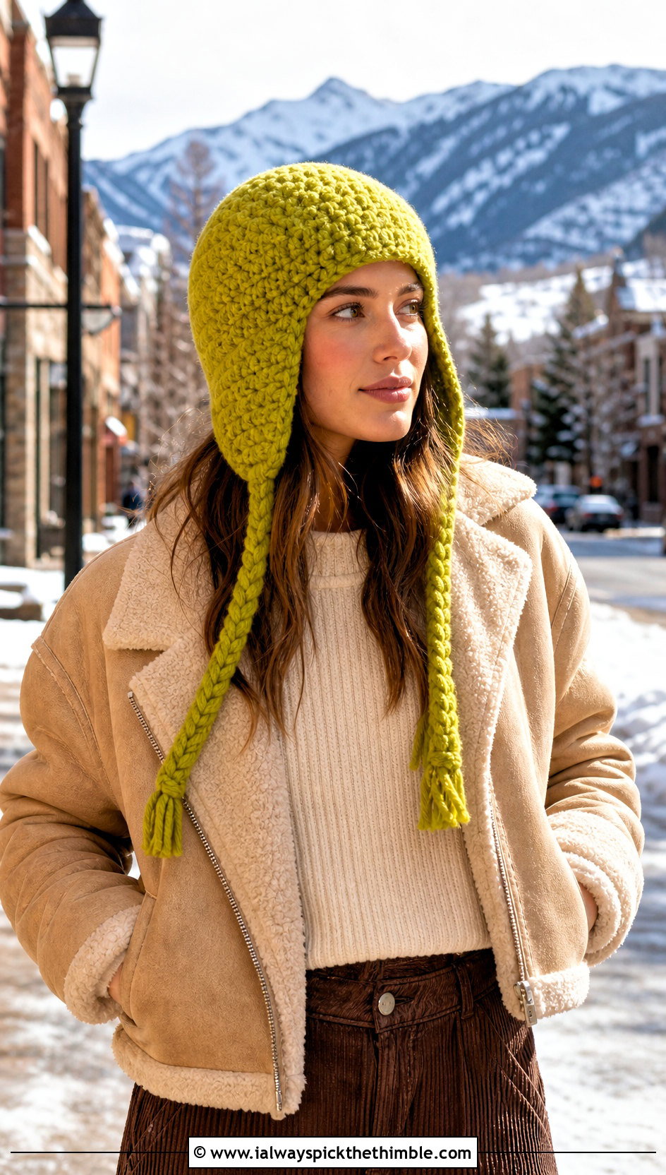 Chunky Crochet Earflap Hat With Shearling Jacket - 25 chunky crochet hat outfit ideas