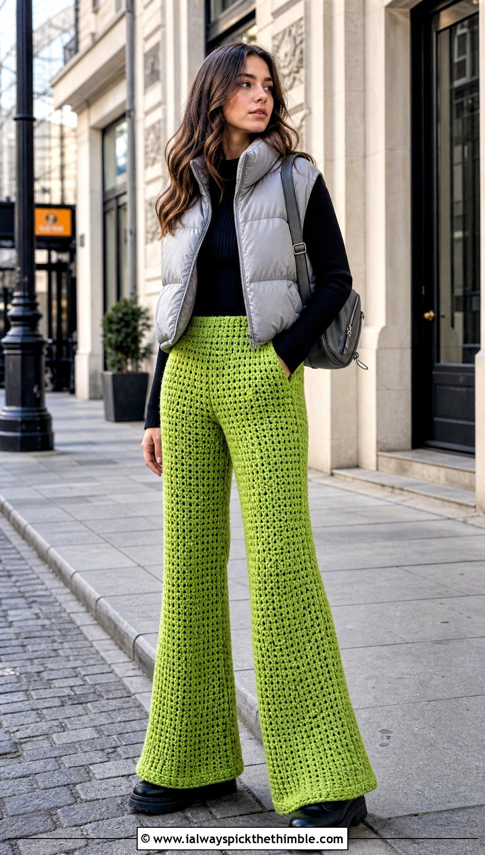 Chunky Crochet Flare Pants With Puffer Vest - 20 flare crochet pants outfit ideas