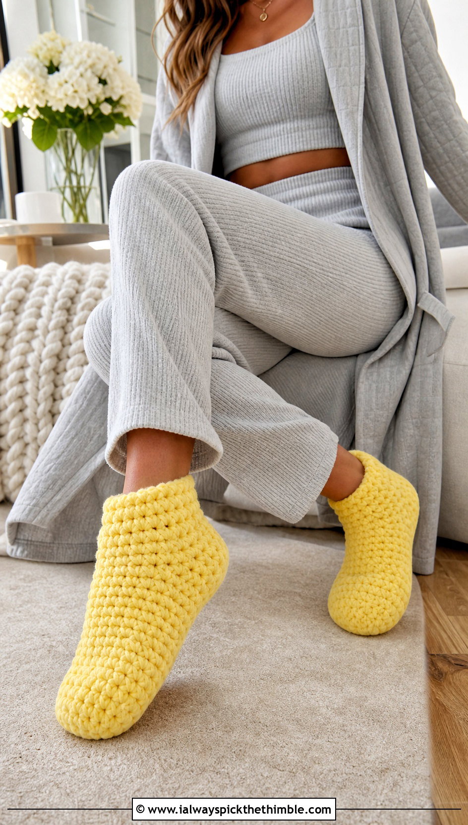 Chunky Crochet Fluffy Slipper Socks With Knit Lounge Set - 20 Crochet Fluffy Socks outfit ideas