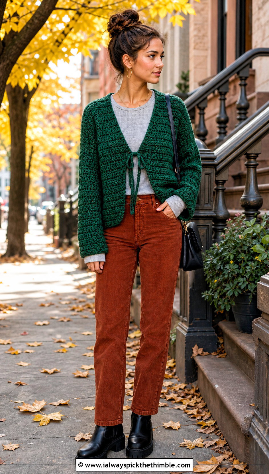 Chunky Crochet Front Tie Cardigan Top With Corduroy Pants - 20 crochet front tie top outfit ideas