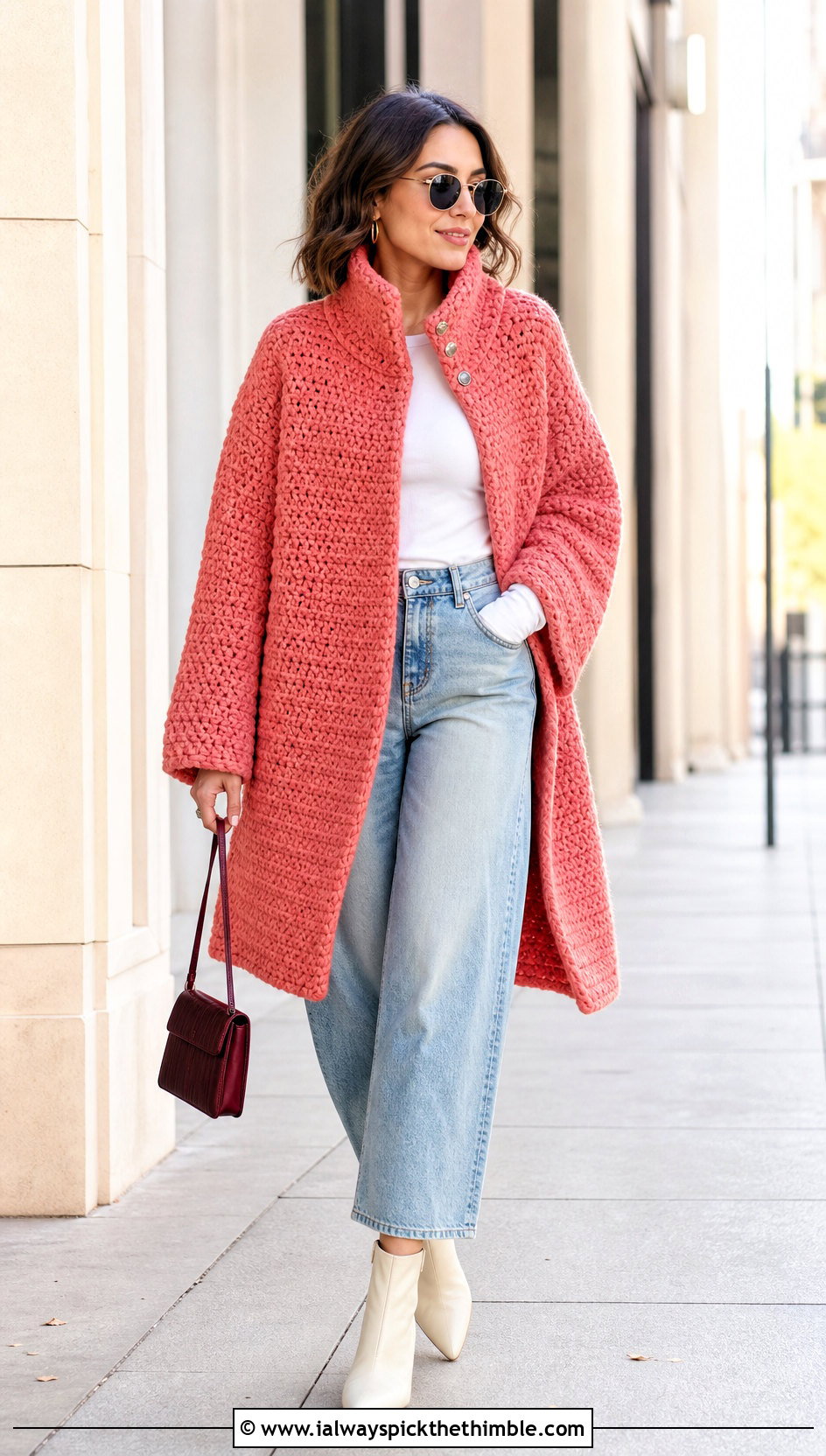 Chunky Crochet Funnel Neck Coat With Barrel Jeans - 20 Chunky Crochet Coat outfit ideas