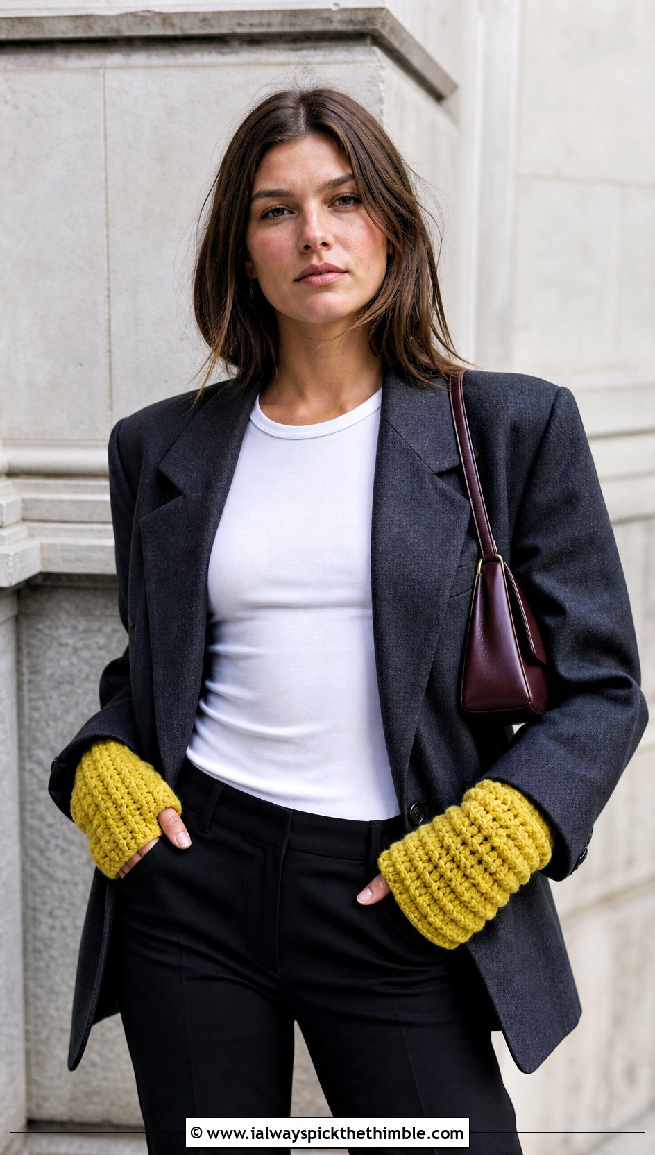 Chunky Crochet Gauntlets With Oversized Blazer - 25 Crochet Handwarmer outfit ideas