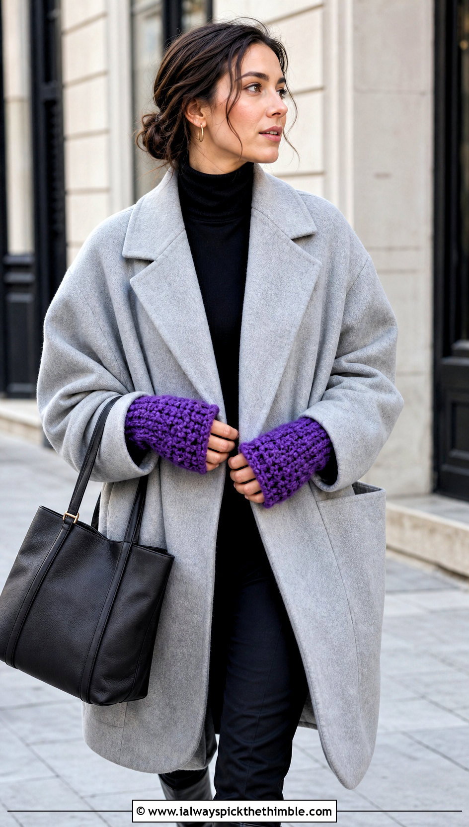 Chunky Crochet Gauntlets With Oversized Coat - 20 easy crochet hand warmers outfit ideas