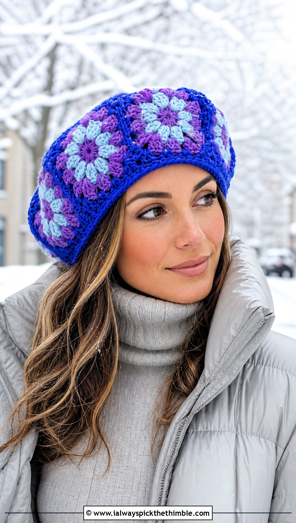 Chunky Crochet Granny Square Beret With Puffer Jacket - 20 Crochet Granny Square Beret outfit ideas