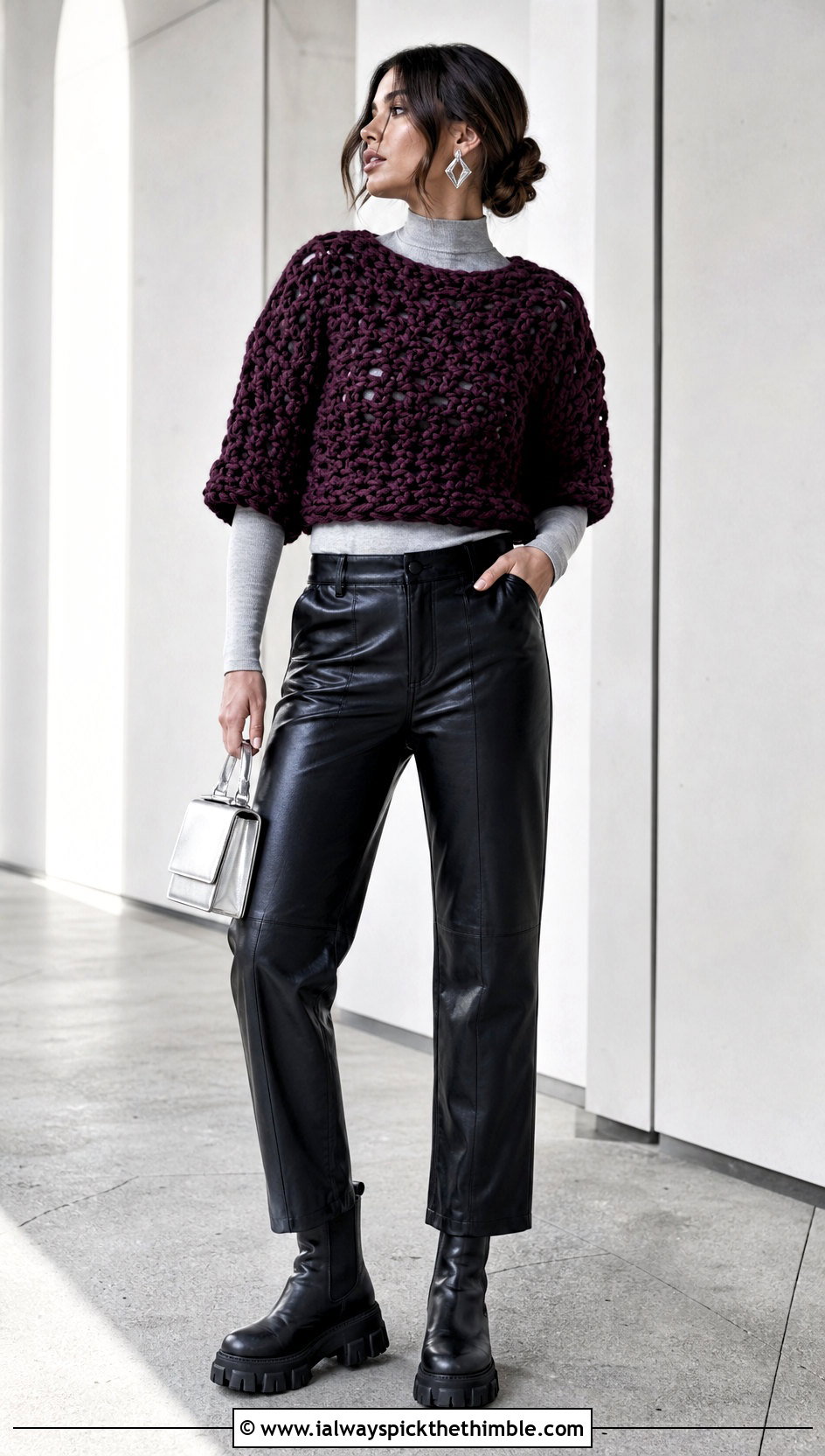 Chunky Crochet Half Sweater With Leather Pants - 25 crochet half sweater outfit ideas