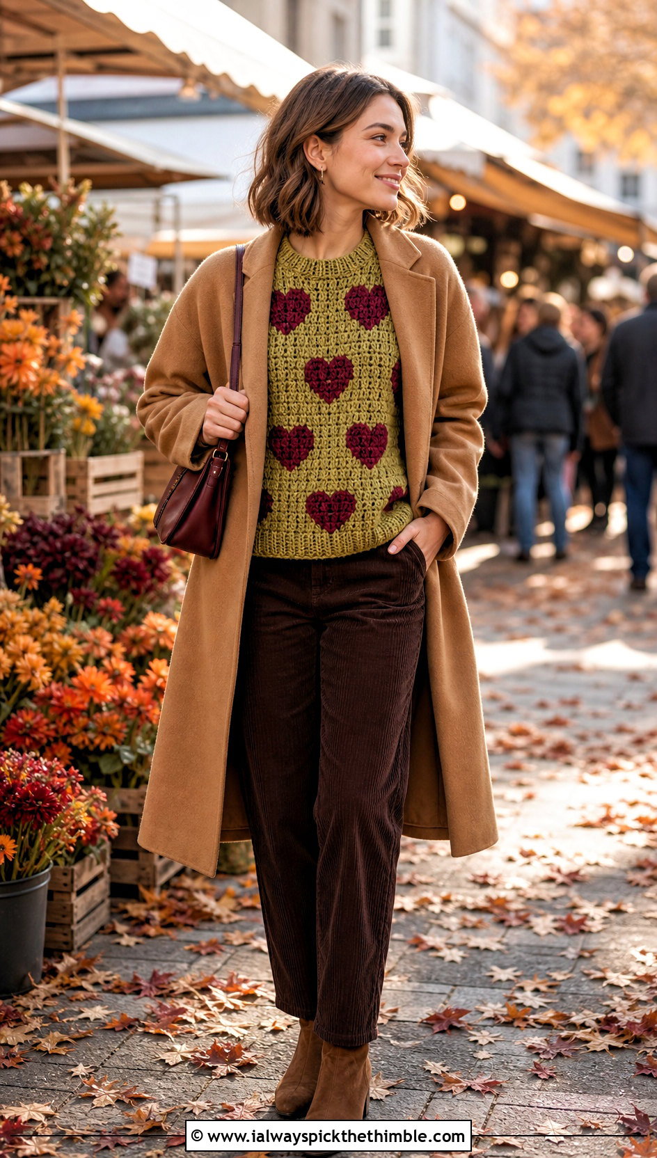 Chunky Crochet Heart Jumper With Corduroy Pants - 20 crochet heart jumper outfit ideas