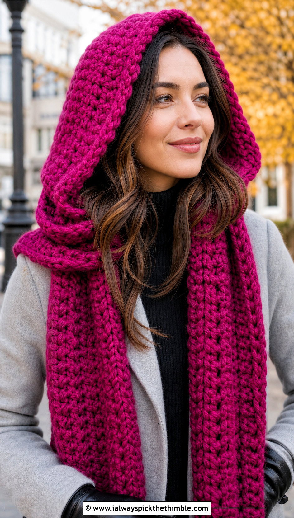 Chunky Crochet Hood Scarf With Wool Coat And Jeans - 20 Fall Crochet Outfit Ideas