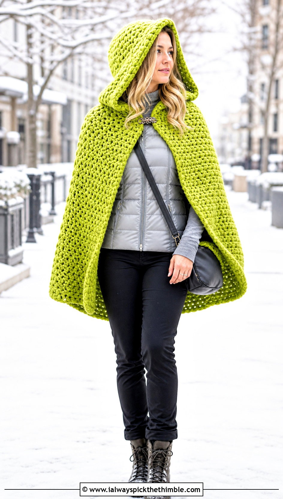 Chunky Crochet Hooded Cape With Puffer Vest - 25 crochet hooded cape outfit ideas