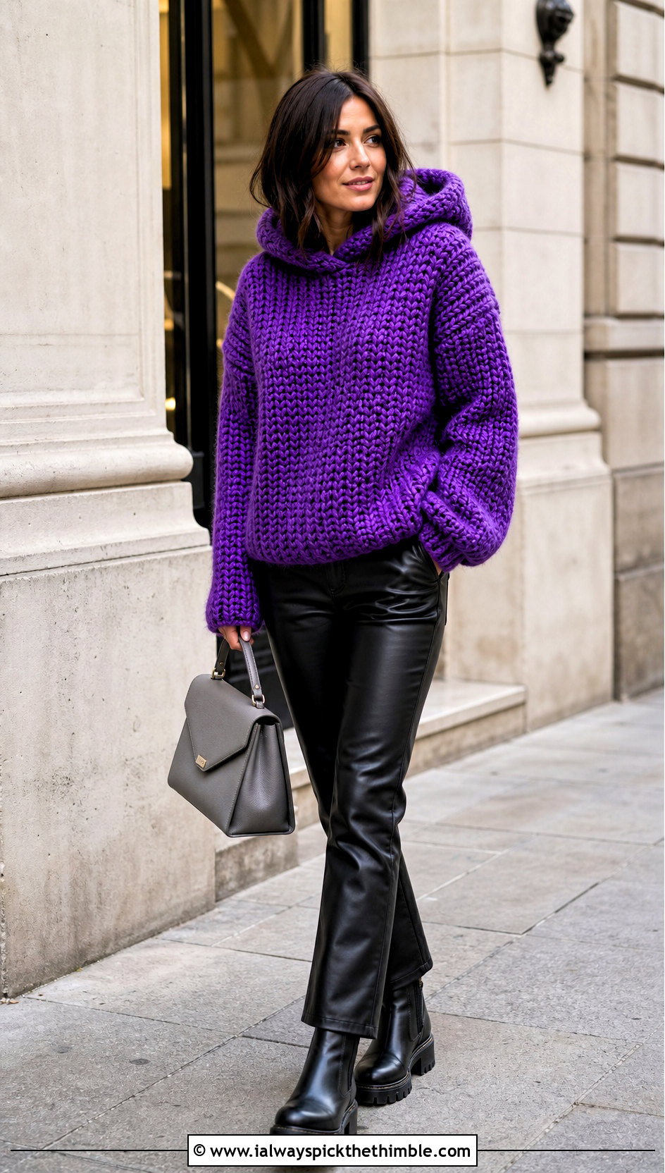 Chunky Crochet Hooded Sweater With Leather Pants - 20 crochet hooded sweater outfit ideas