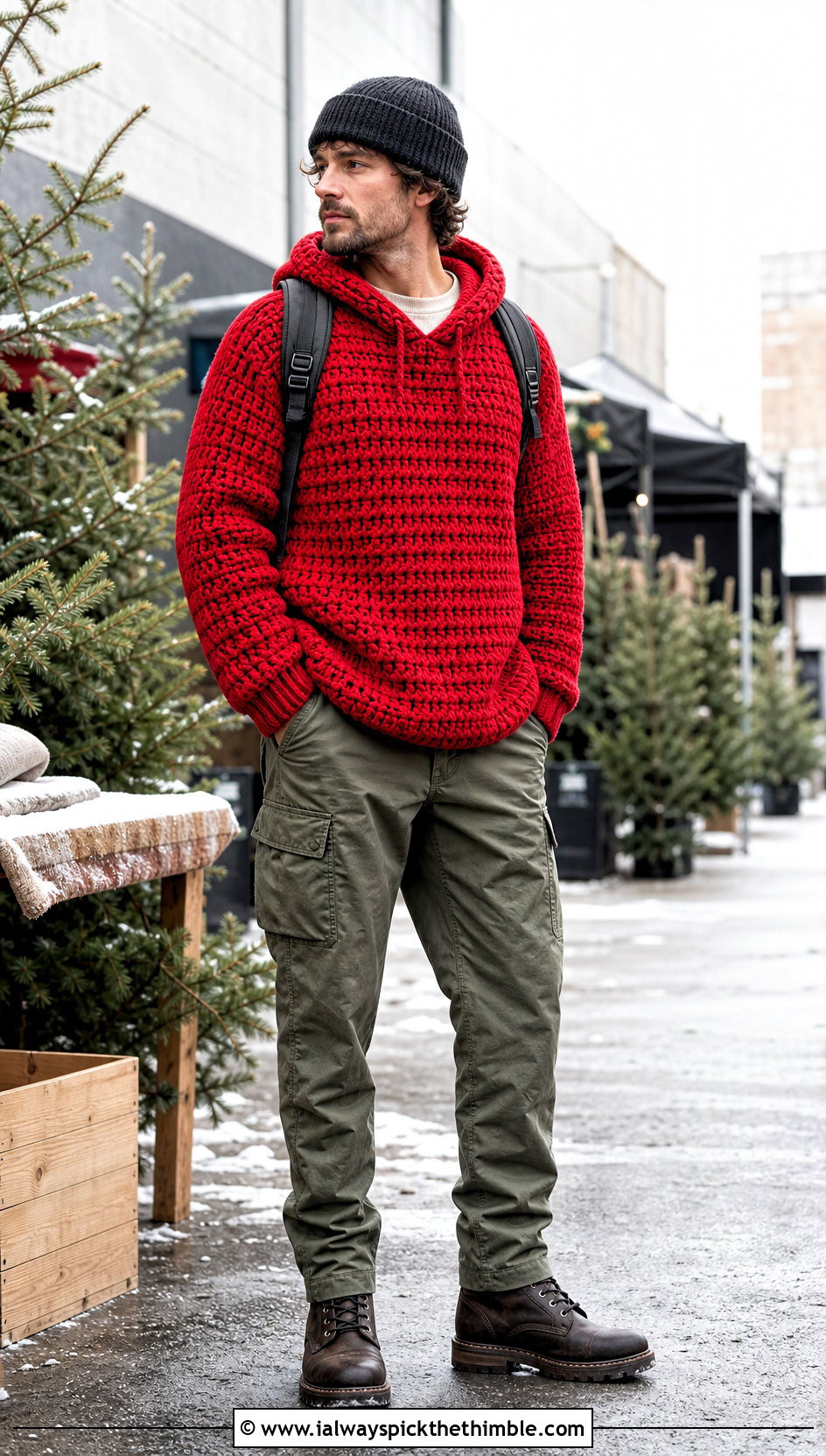 Chunky Crochet Hoodie With Cargo Pants - 25 crochet hoodie for men outfit ideas
