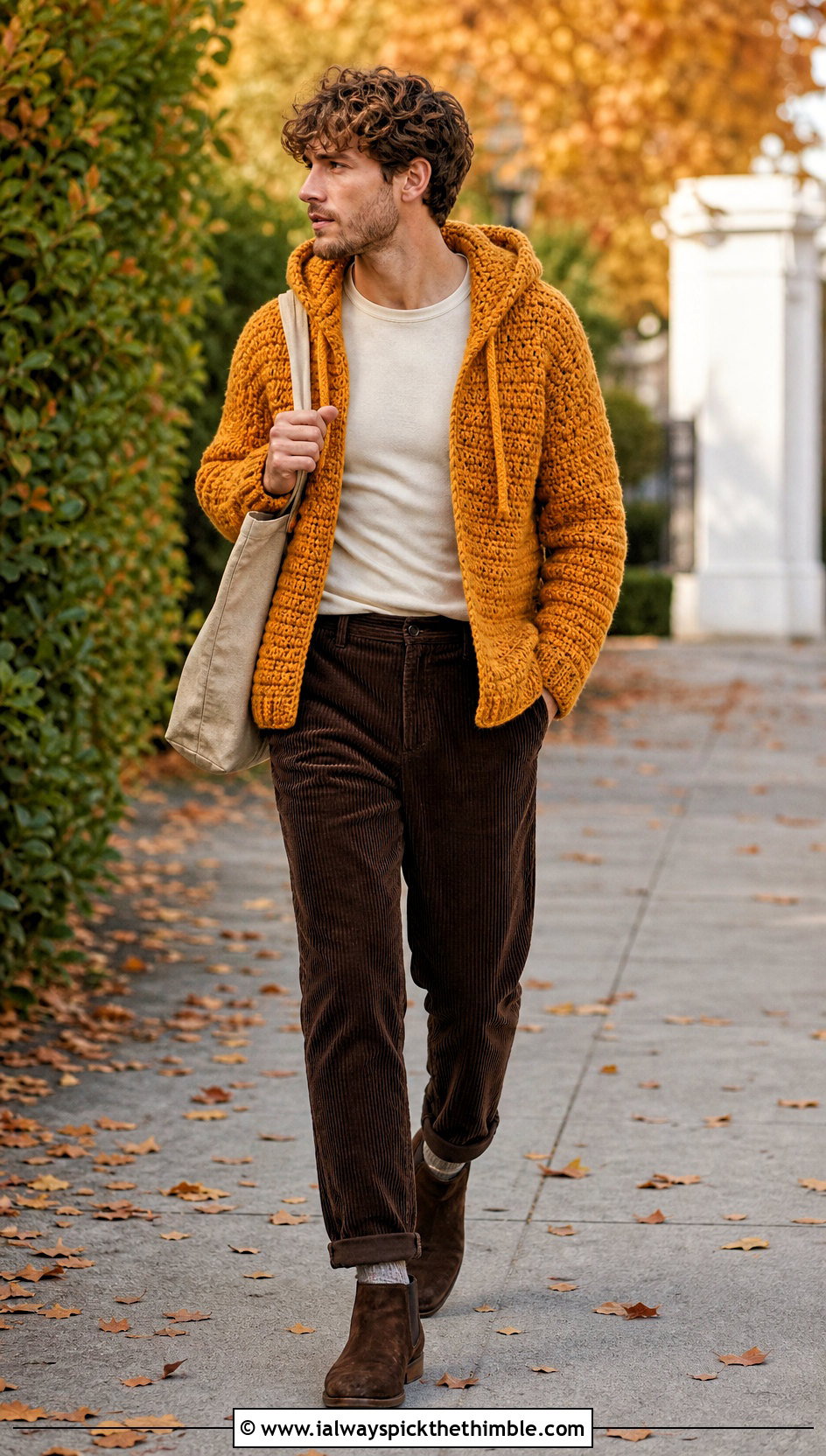 Chunky Crochet Hoodie With Corduroy Pants - 20 Crochet Hoodies For Men outfit ideas