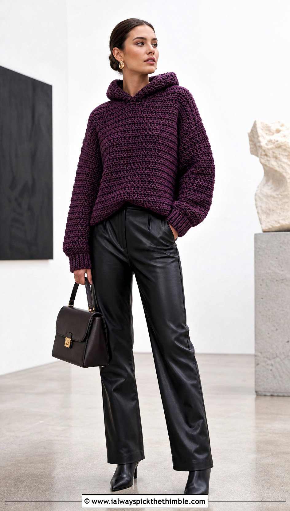 Chunky Crochet Hoodie With Leather Pants - 20 Easy Crochet Hoodie outfit ideas