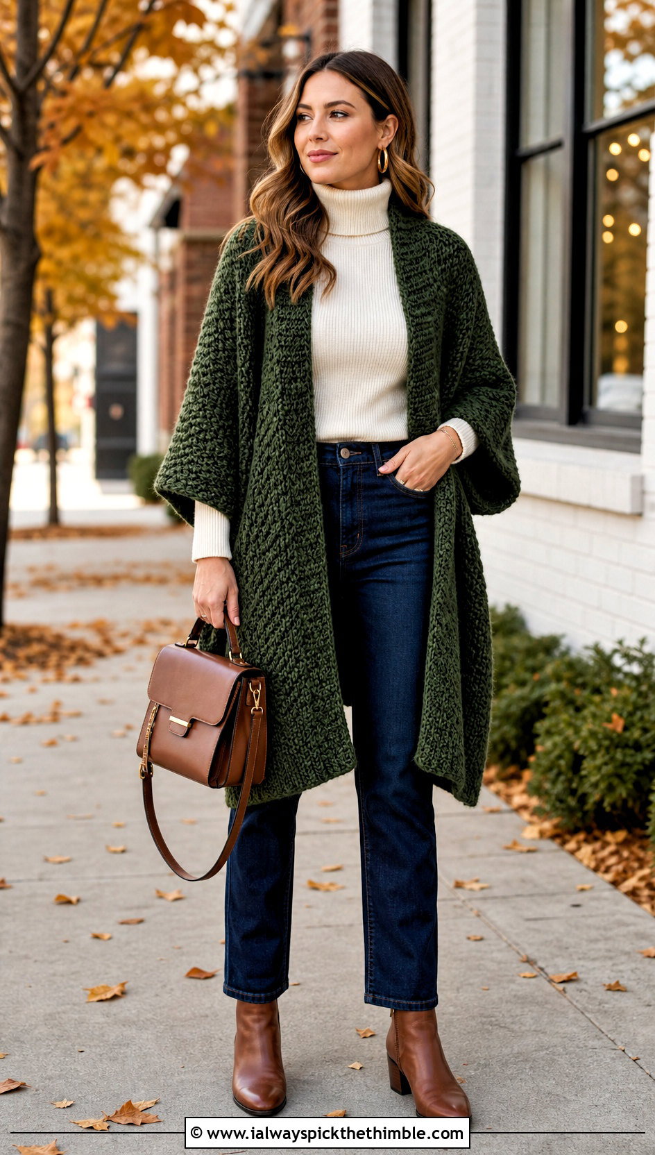 Chunky Crochet Kimono With Turtleneck And Jeans - 20 easy crochet kimono outfit ideas