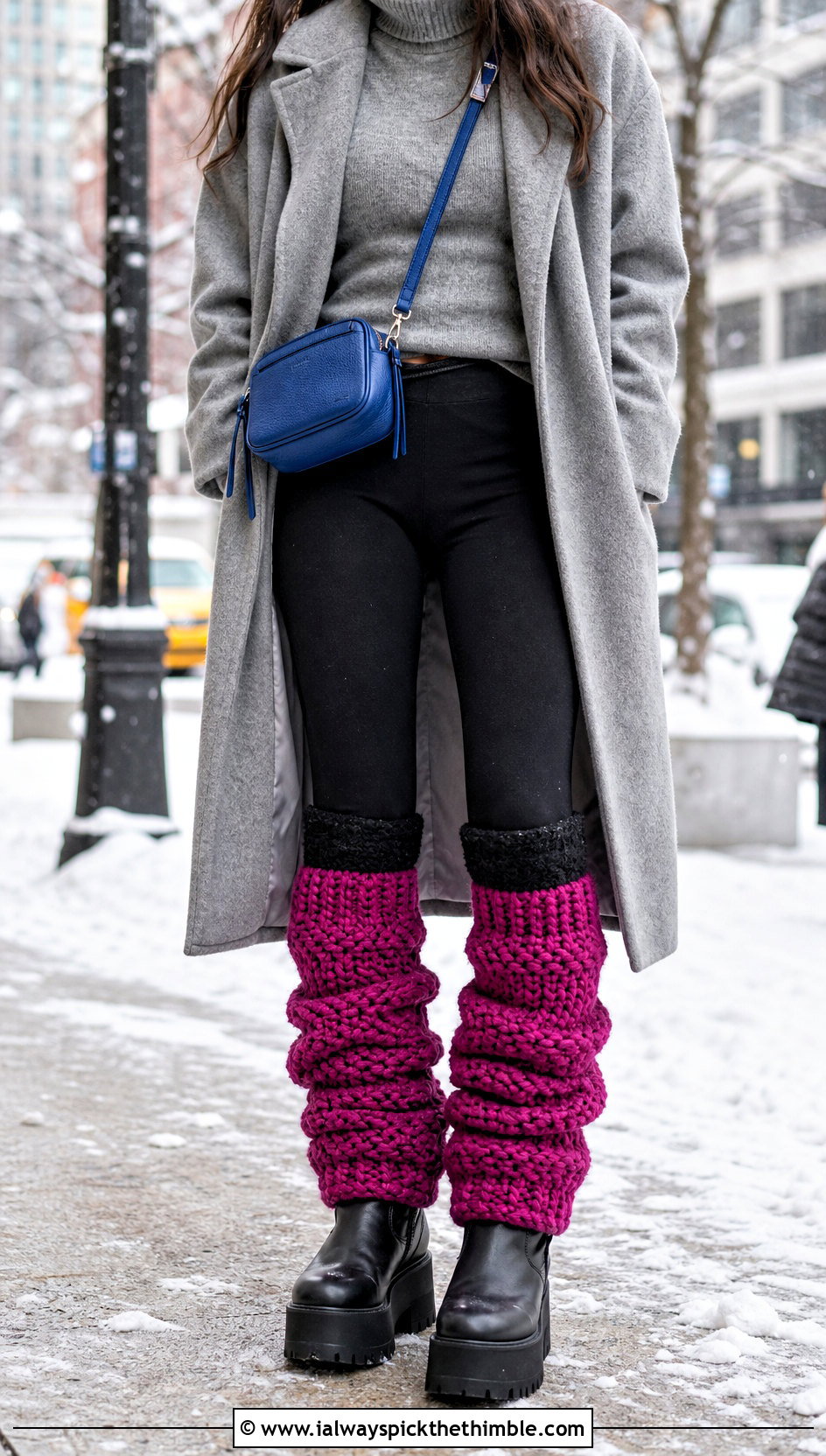 Chunky Crochet Leg Warmers With Oversized Coat - 20 aesthetic crochet leg warmers outfit ideas