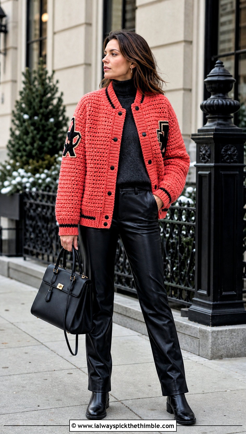 Chunky Crochet Letterman Jacket With Leather Pants - 20 crochet letterman jacket outfit ideas