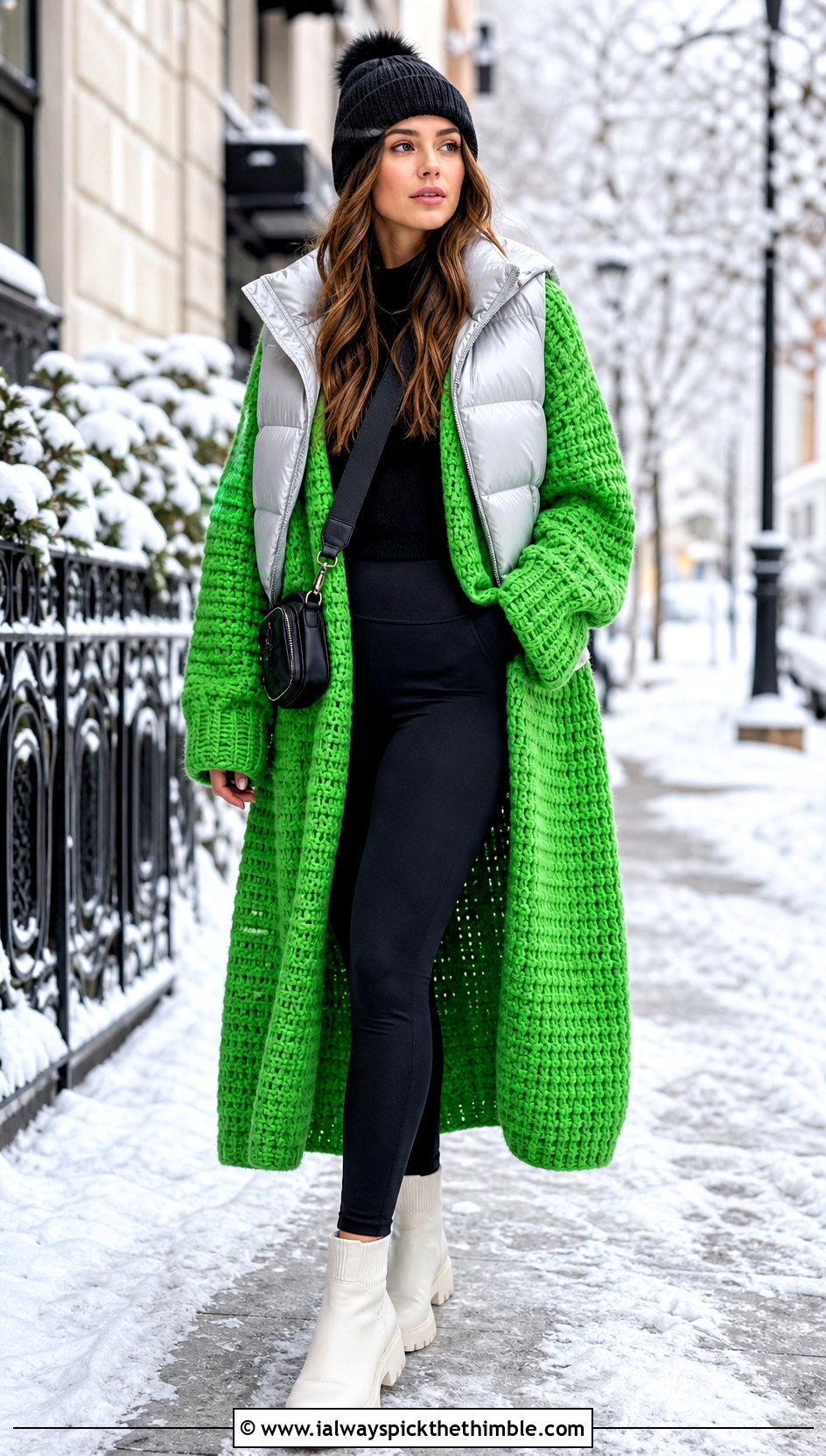 Chunky Crochet Long Cardigan With Puffer Vest - 25 crochet long cardigan outfit ideas