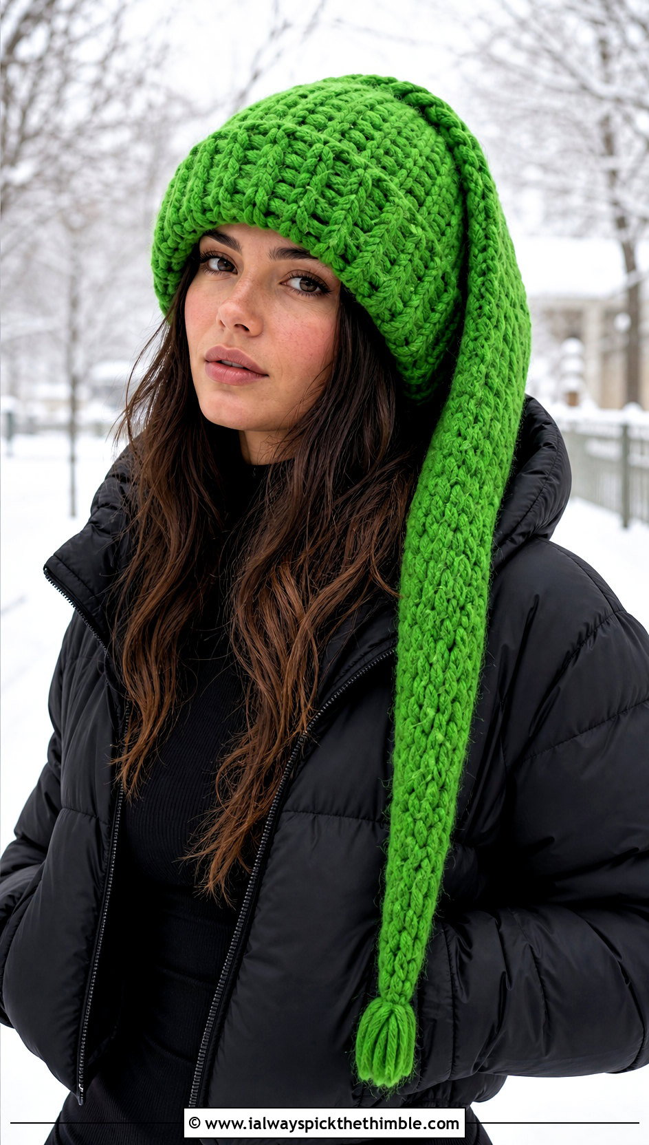 Chunky Crochet Long Stocking Cap With Puffer Jacket - 20 Crochet Long Stocking Cap outfit ideas