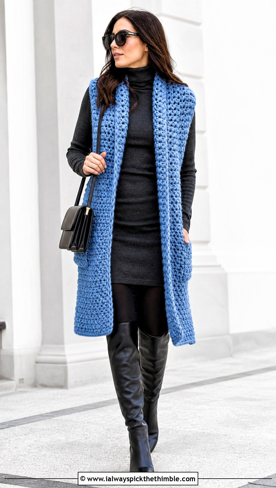 Chunky Crochet Long Vest With Sweater Dress - 25 Crochet Long Vest outfit ideas