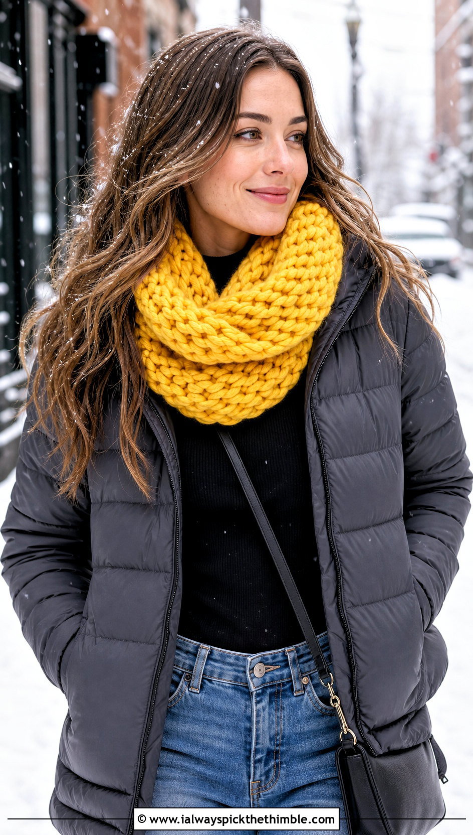 Chunky Crochet Loop Scarf With Puffer Jacket - 20 Crochet Loop Scarf outfit ideas