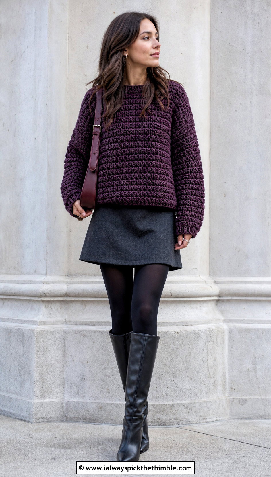 Chunky Crochet Loose Sweater With Mini Skirt - 25 crochet loose sweater outfit ideas