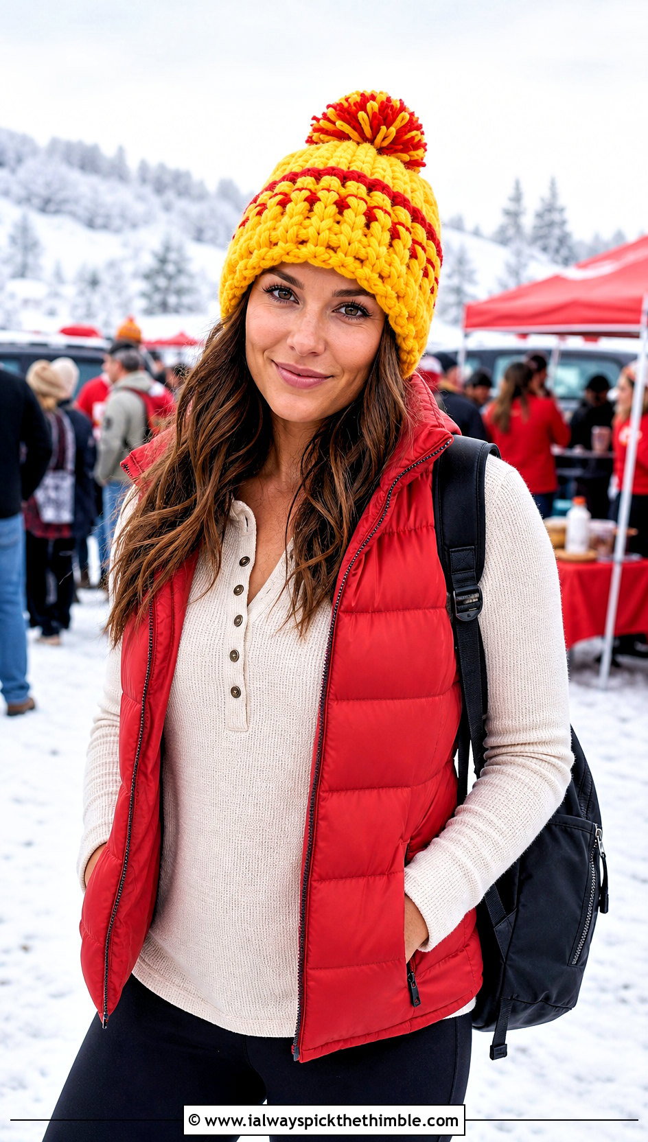 Chunky Crochet Mahomes Beanie With Puffer Vest And Leggings - 15 Crochet Mahomes Hat outfit ideas