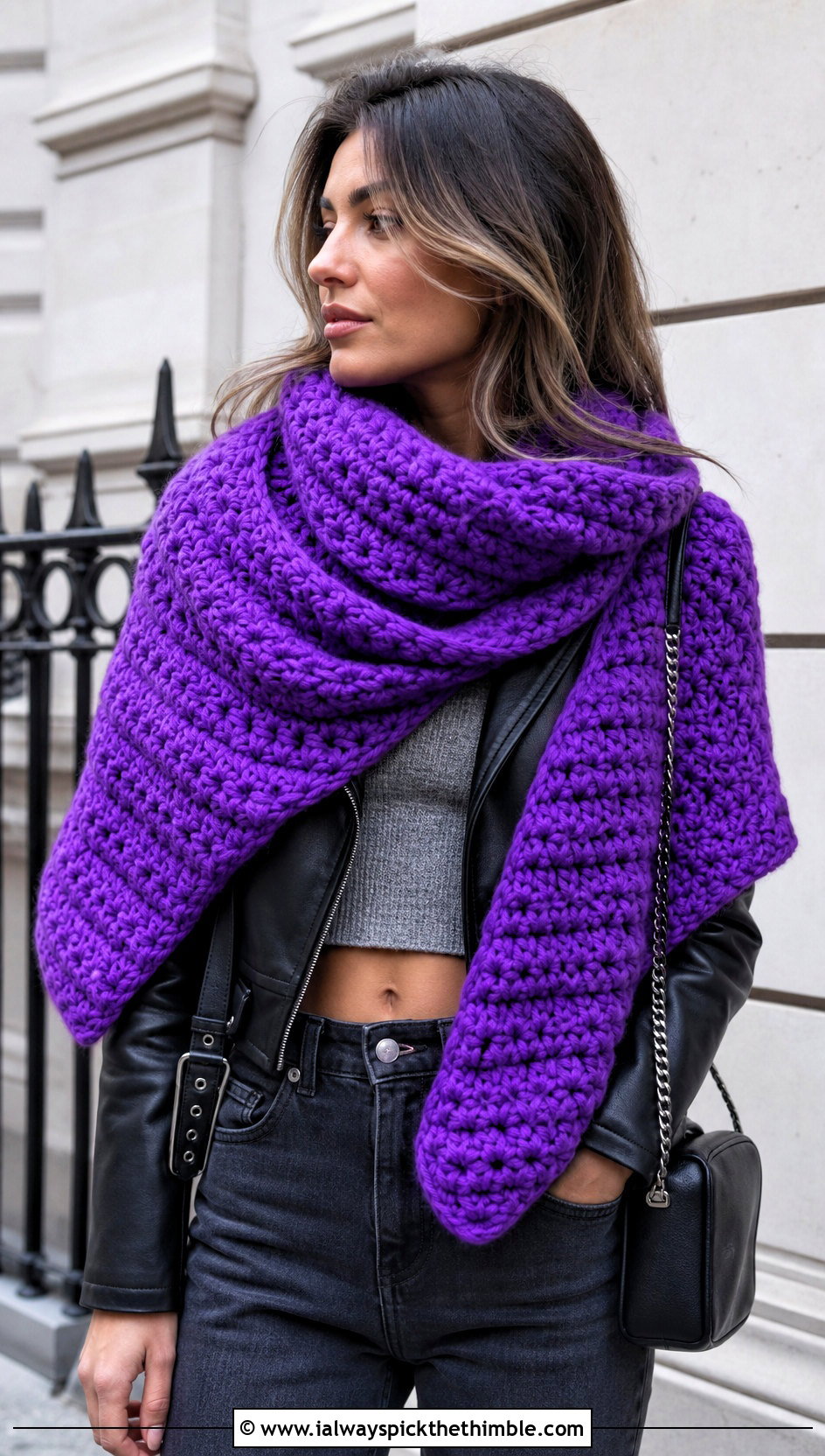 Chunky Crochet Mantle Scarf With Leather Jacket - 20 Crochet Mantle Scarf outfit ideas