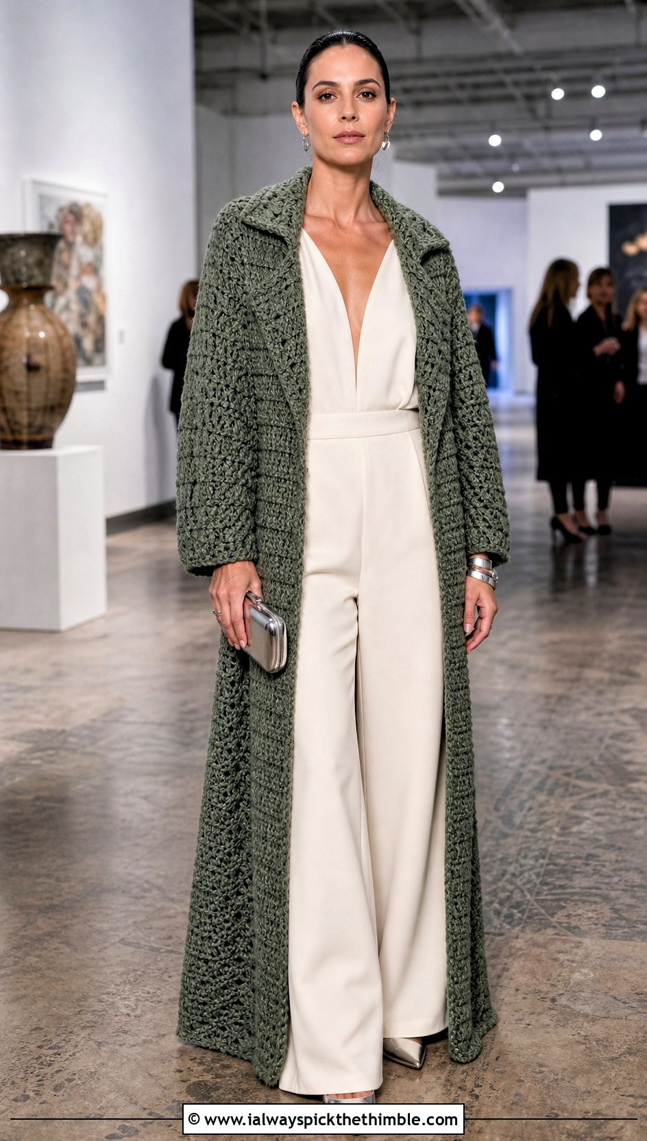 Chunky Crochet Maxi Coat With Wide Leg Jumpsuit - 20 Chunky Crochet Coat outfit ideas