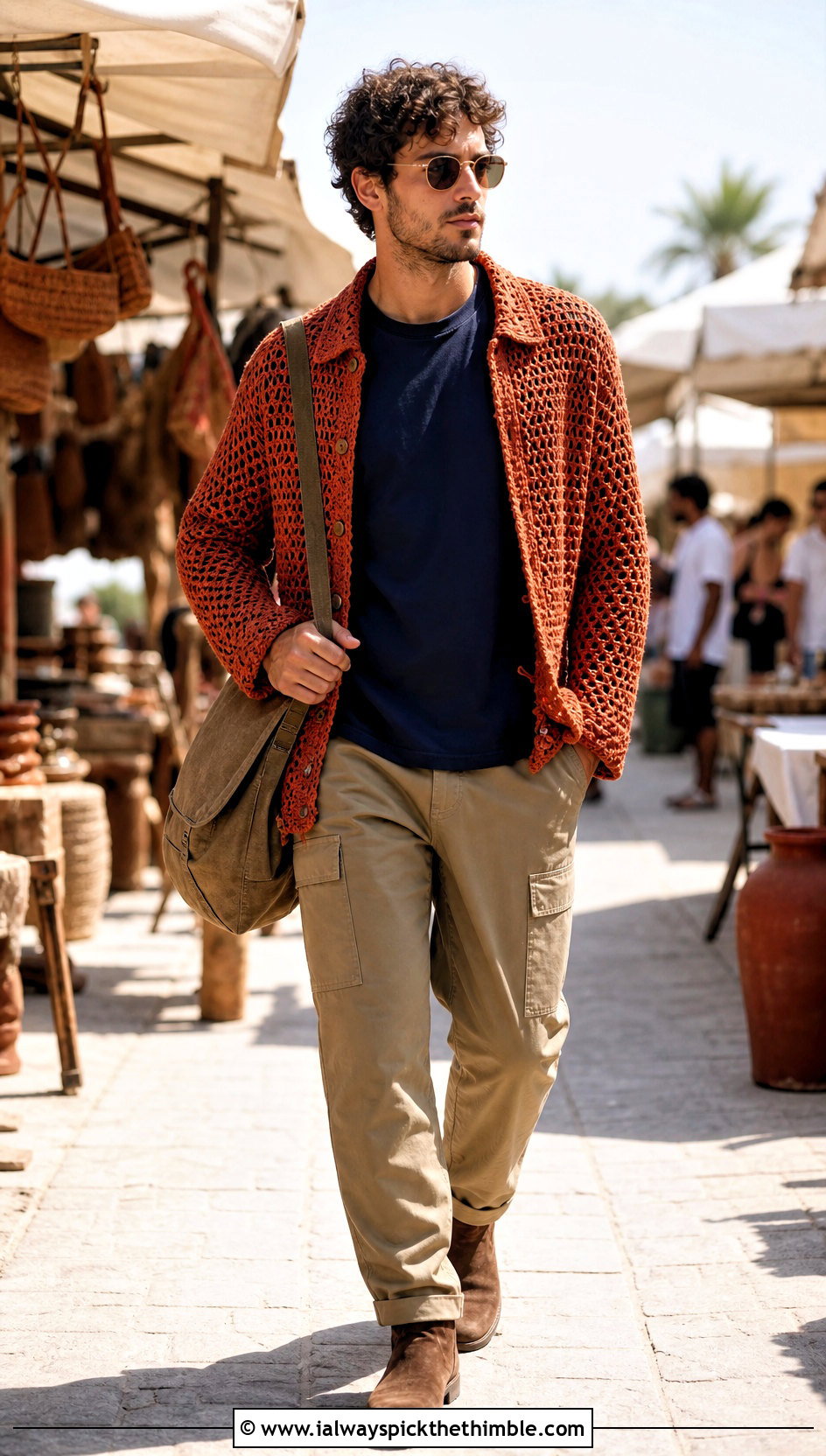 Chunky Crochet Mesh Overshirt With Utility Pants - 20 Men Crochet Mesh Shirt outfit ideas