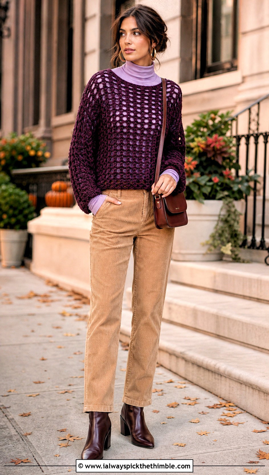 Chunky Crochet Mesh Top With Turtleneck And Corduroy Pants - 15 Crochet Long Sleeve Mesh Top outfit ideas