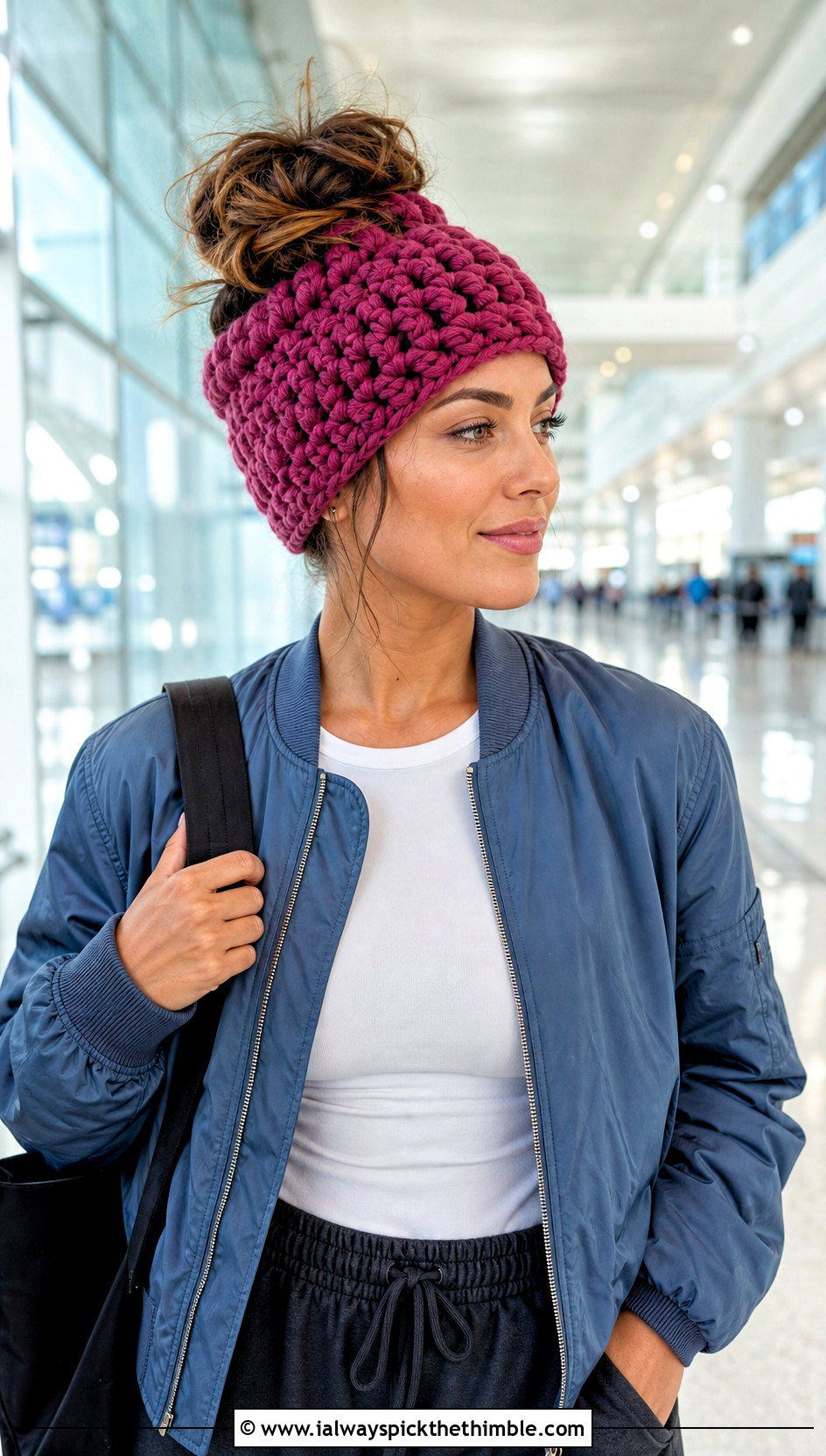 Chunky Crochet Messy Bun Hat With Elastic And Bomber Jacket - 20 Crochet Messy Bun Hat With Elastic outfit ideas