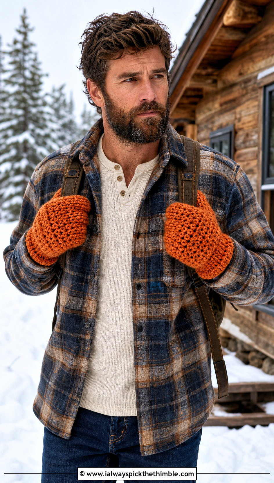 Chunky Crochet Mittens With Flannel Shacket - 20 Mens Crochet Mittens outfit ideas