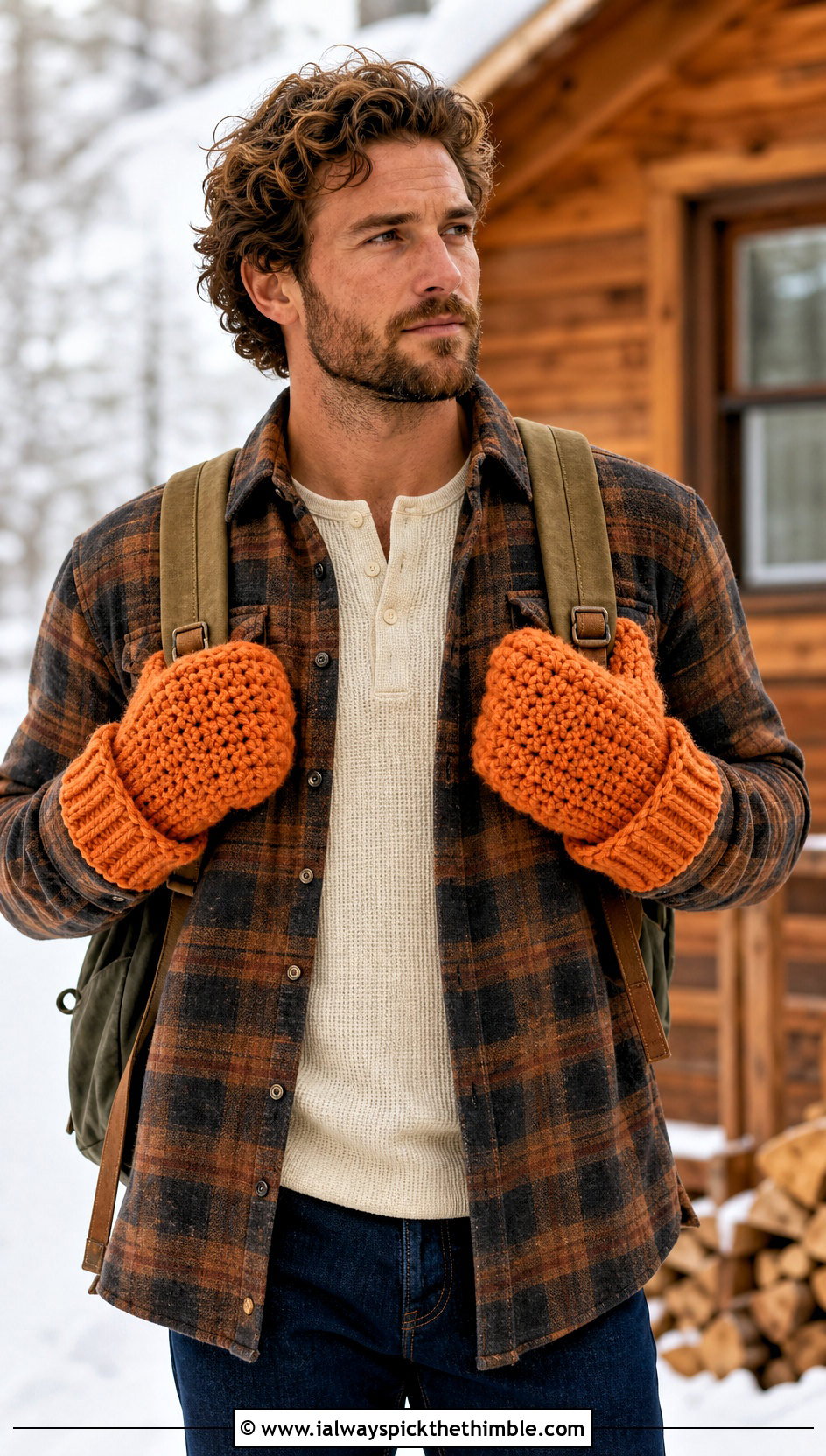 Chunky Crochet Mittens With Flannel Shirt Jacket - 20 Crochet Mens Mittens outfit ideas