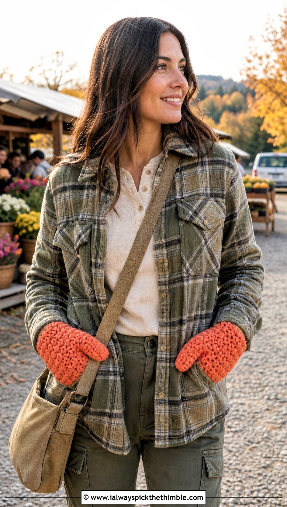 Chunky Crochet Mittens With Plaid Shacket - 20 Simple Crochet Mittens outfit ideas