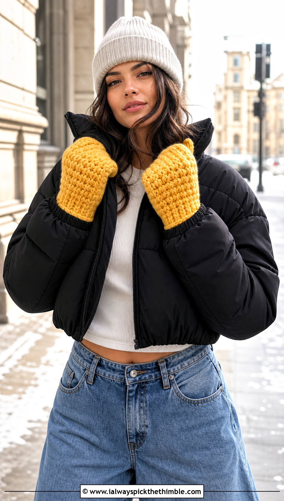 Chunky Crochet Mittens With Puffer Jacket And Jeans - 25 crochet mittens outfit ideas