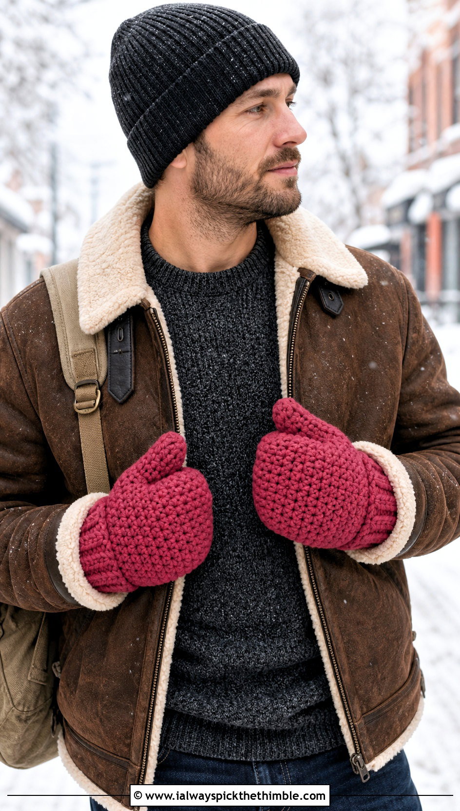 Chunky Crochet Mittens With Shearling Jacket - 25 crochet gloves for men outfit ideas