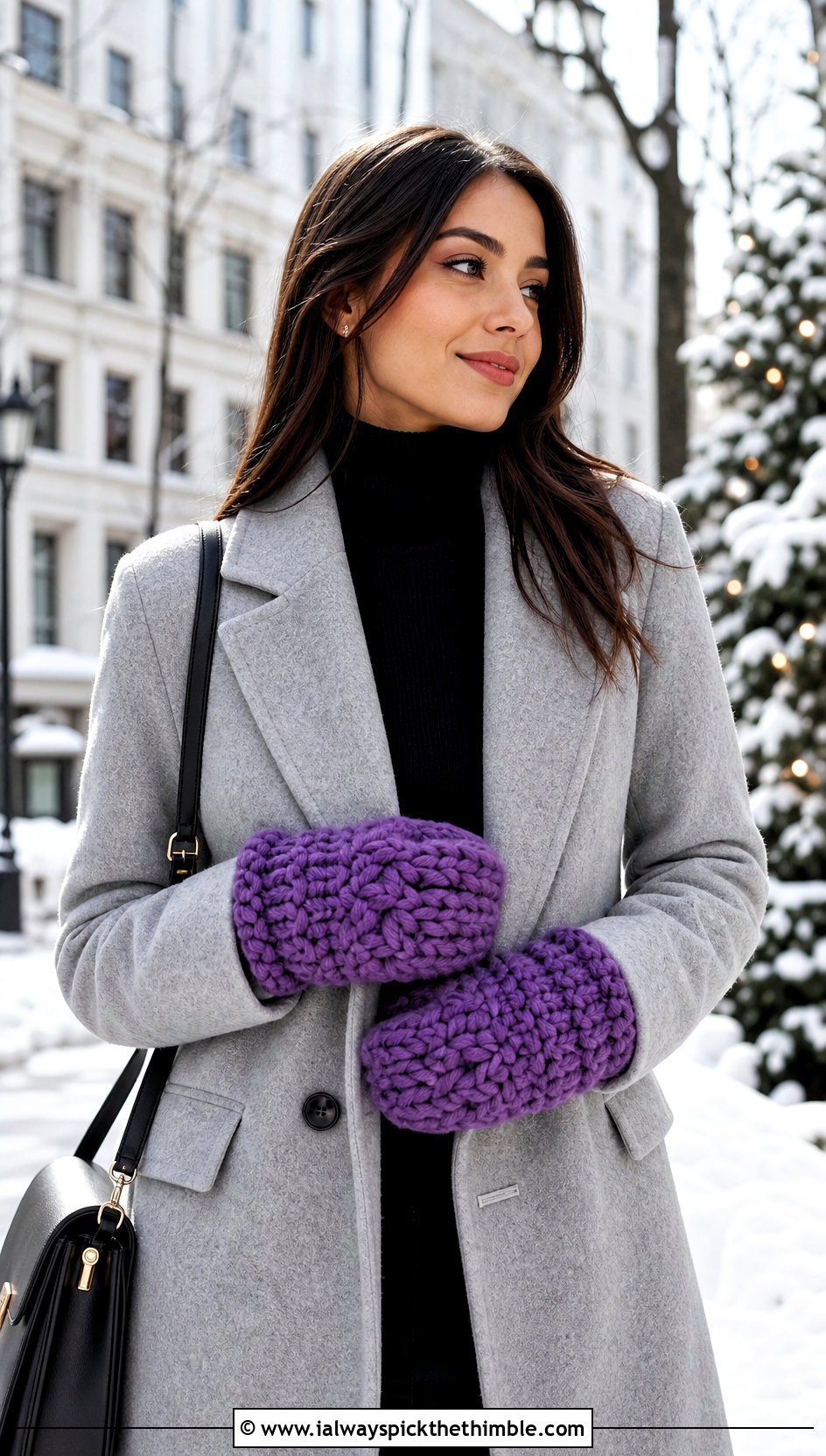 Chunky Crochet Mittens With Wool Coat - 25 crochet gloves outfit ideas