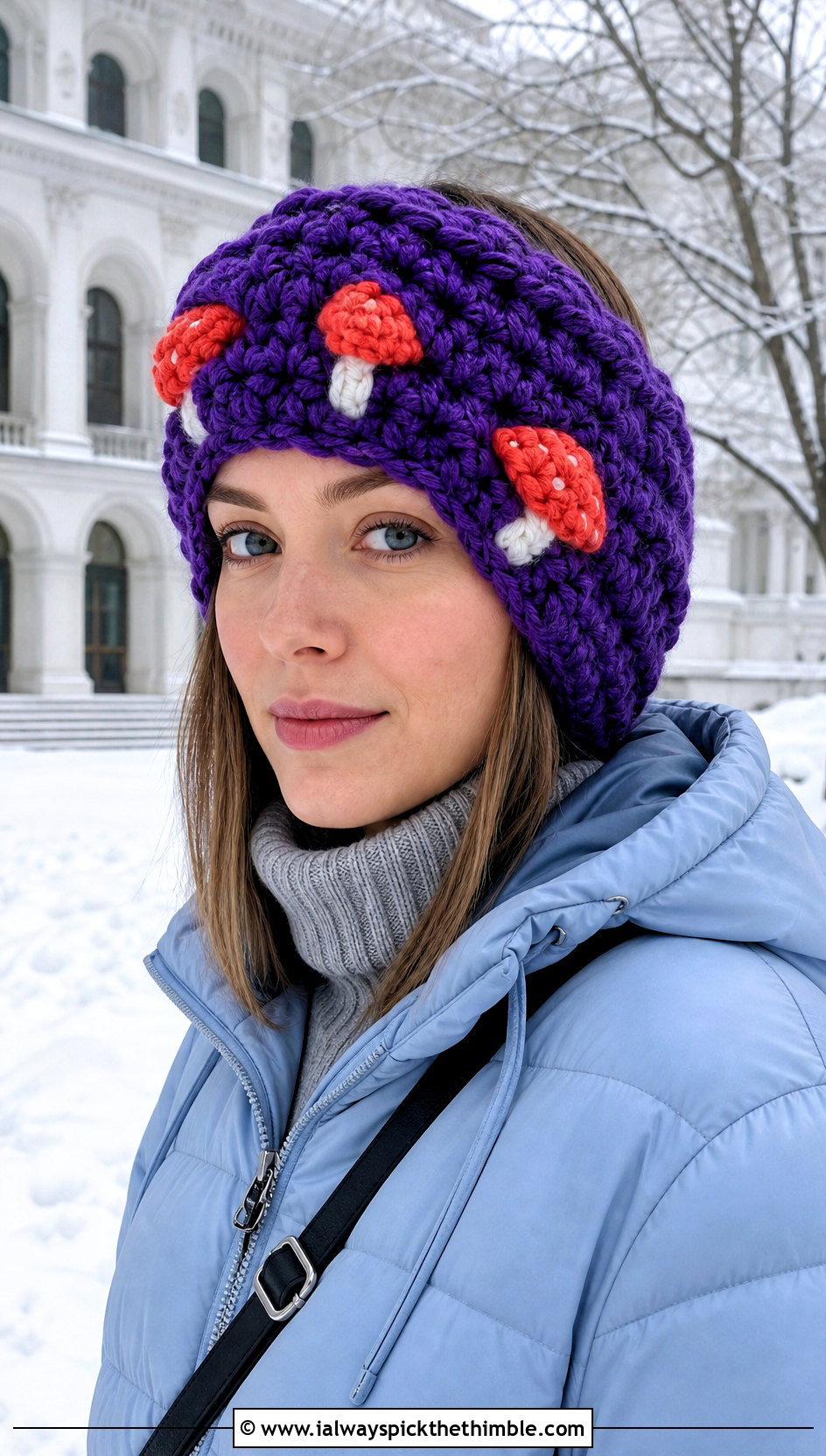 Chunky Crochet Mushroom Head Wrap With Puffer Jacket - 15 Crochet Mushroom Head Scarf outfit ideas