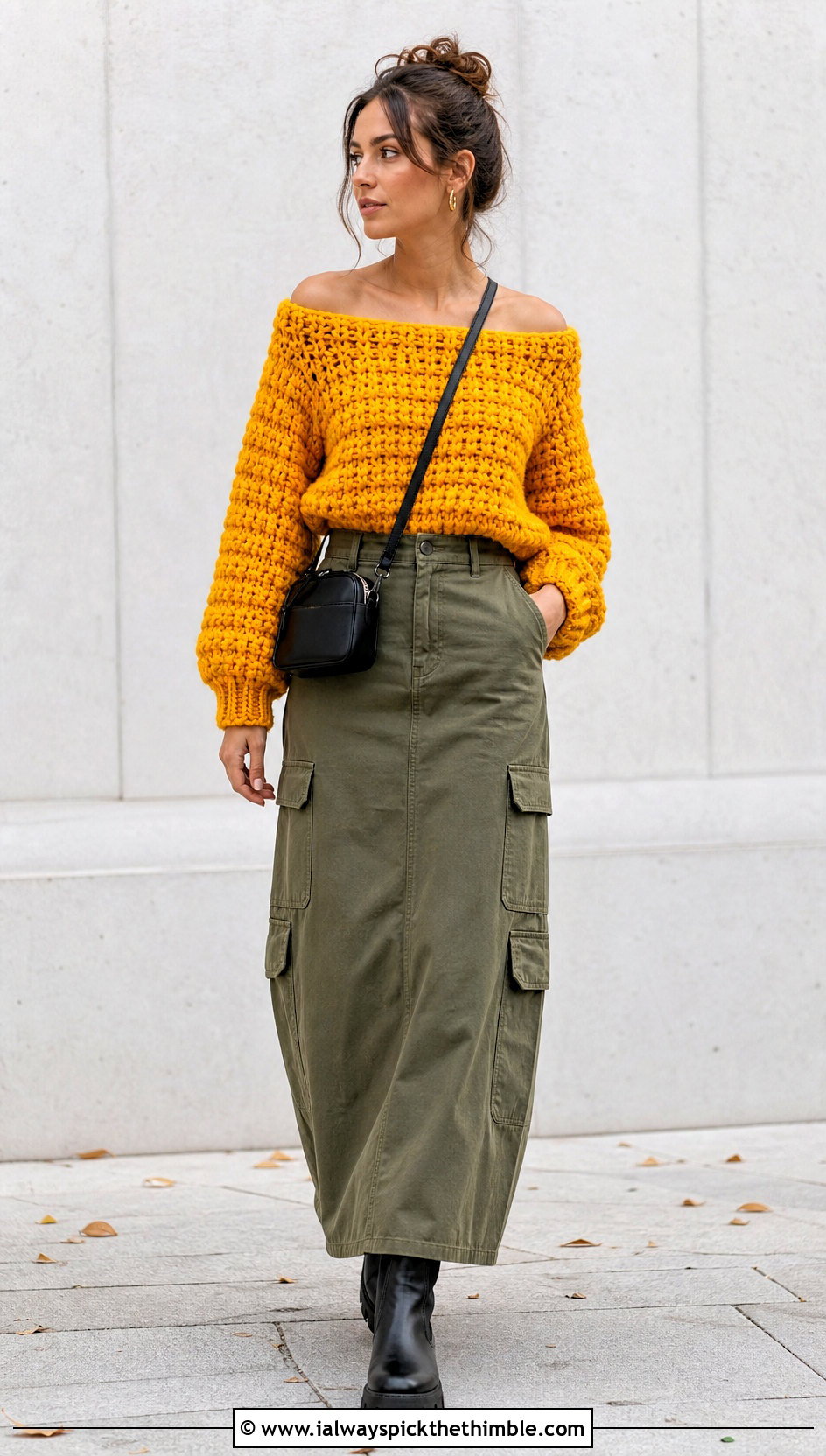 Chunky Crochet Off Shoulder Top With Cargo Maxi Skirt - 25 Crochet Off Shoulder Top outfit ideas