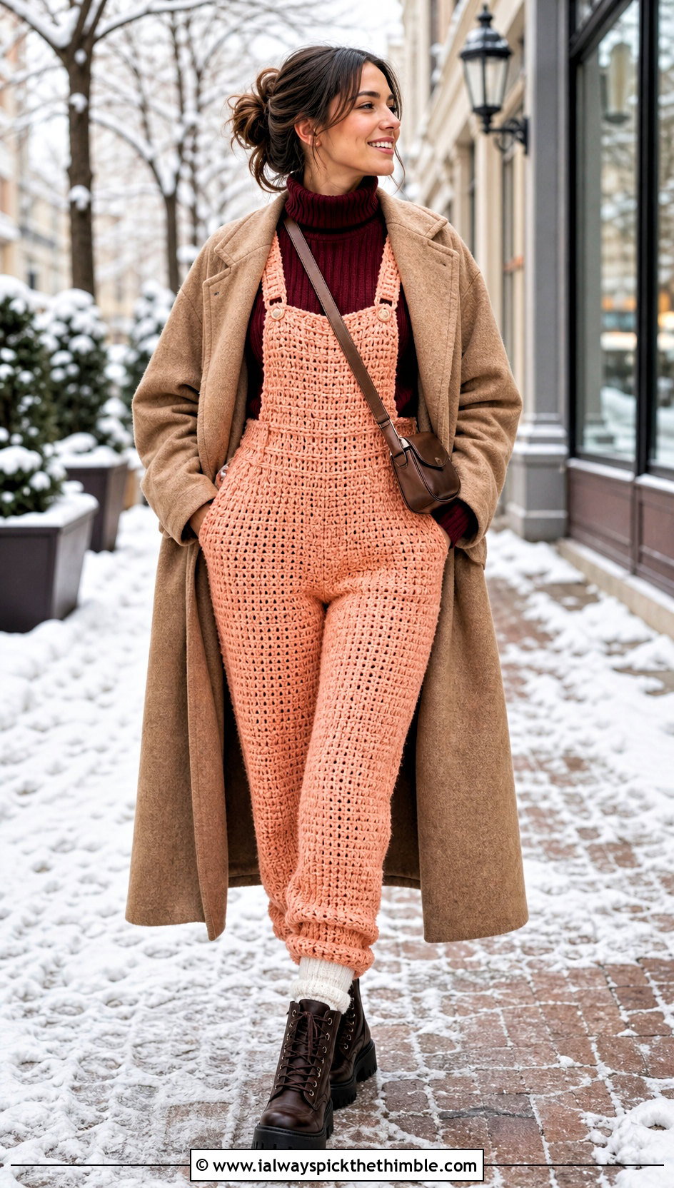 Chunky Crochet Overalls With Turtleneck Sweater - 25 crochet overalls outfit ideas