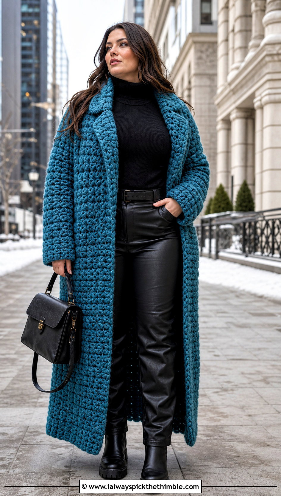 Chunky Crochet Overcoat With Leather Pants - 20 crochet coat ideas