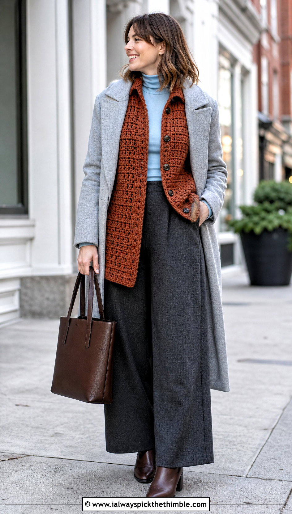Chunky Crochet Overshirt With Turtleneck And Wool Trousers - 25 crochet shirt for women outfit ideas