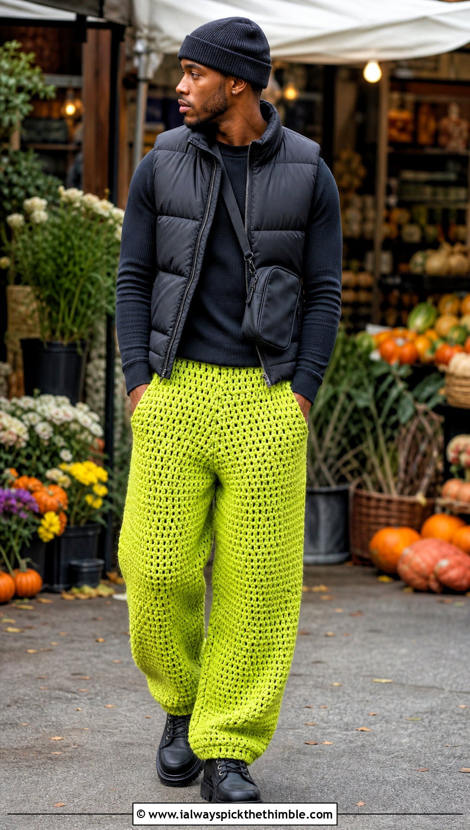 Chunky Crochet Pants With Puffer Vest - 25 crochet pants men outfit ideas