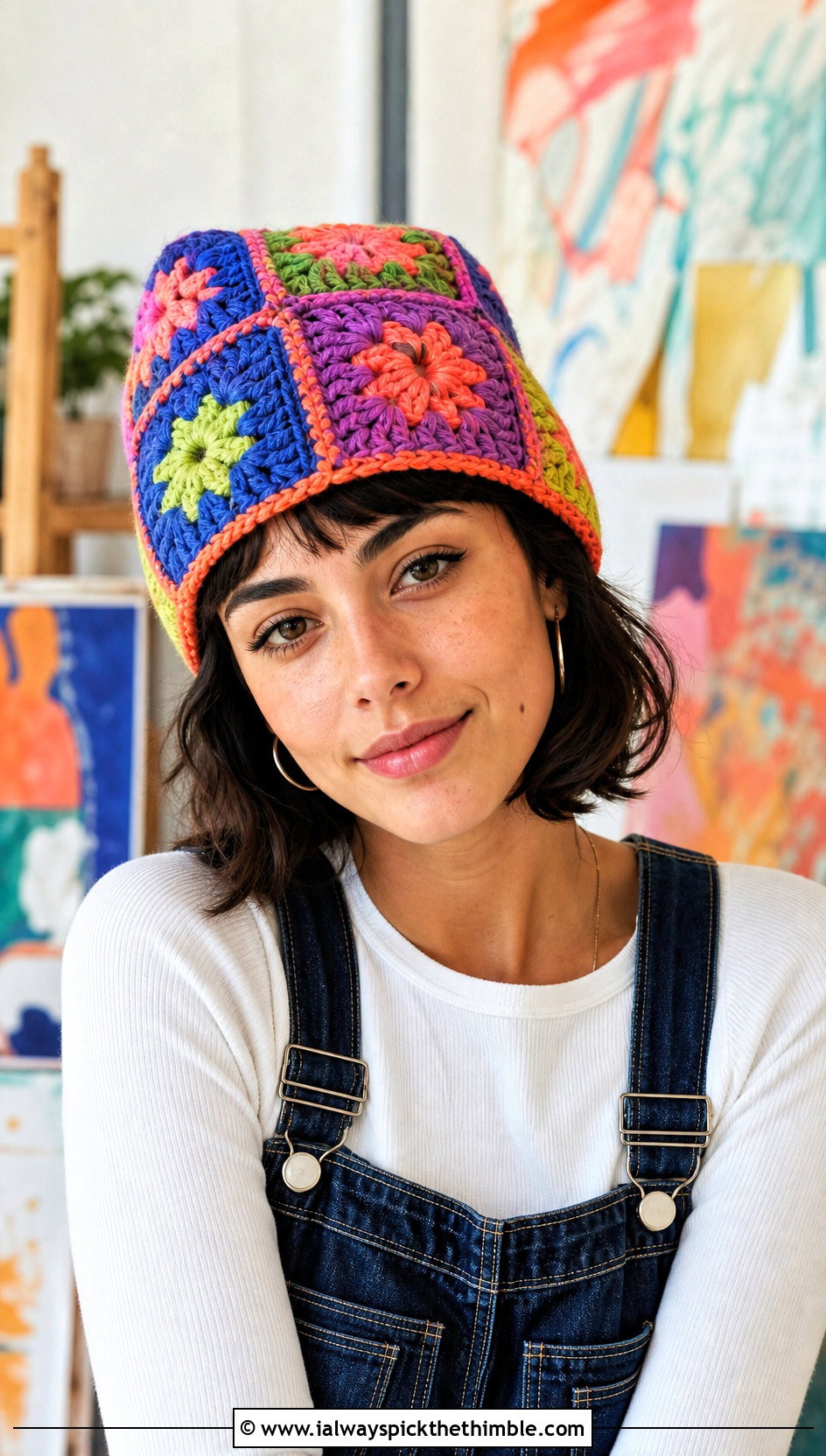 Chunky Crochet Patchwork Beanie With Overalls And Sneakers - 15 Simple Chunky Crochet Hat outfit ideas