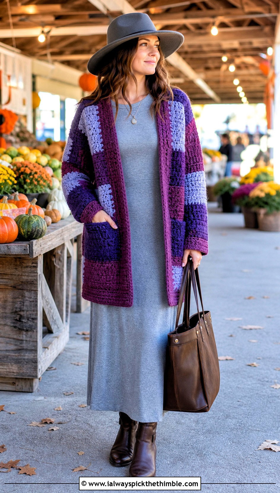 Chunky Crochet Patchwork Cardigan With Maxi Dress And Boots - 25 crochet patchwork cardigan outfit ideas