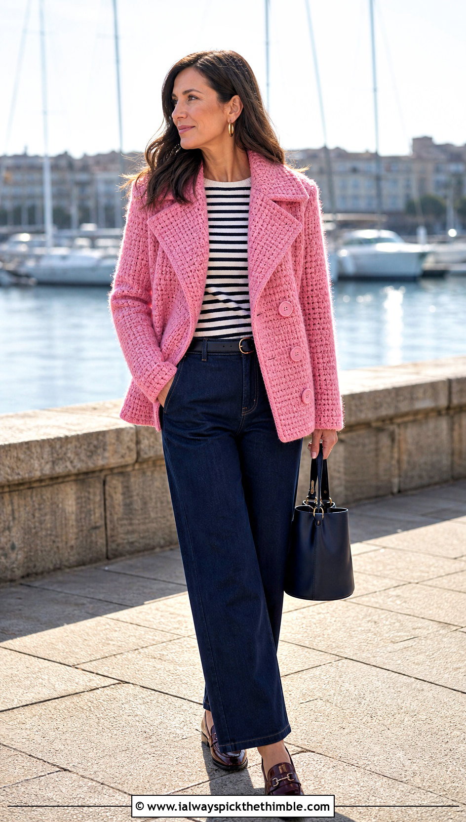 Chunky Crochet Peacoat With Sailor Jeans - 20 Chunky Crochet Coat outfit ideas