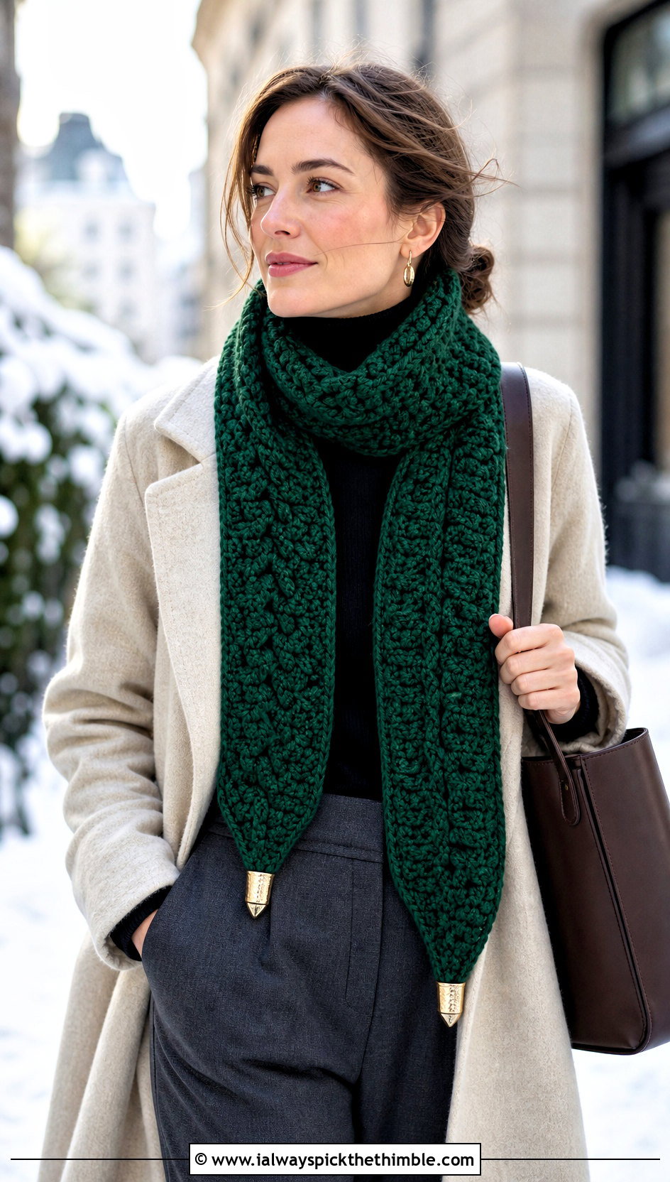 Chunky Crochet Pencil Scarf With Wool Coat - 20 Crochet Pencil Scarf outfit ideas