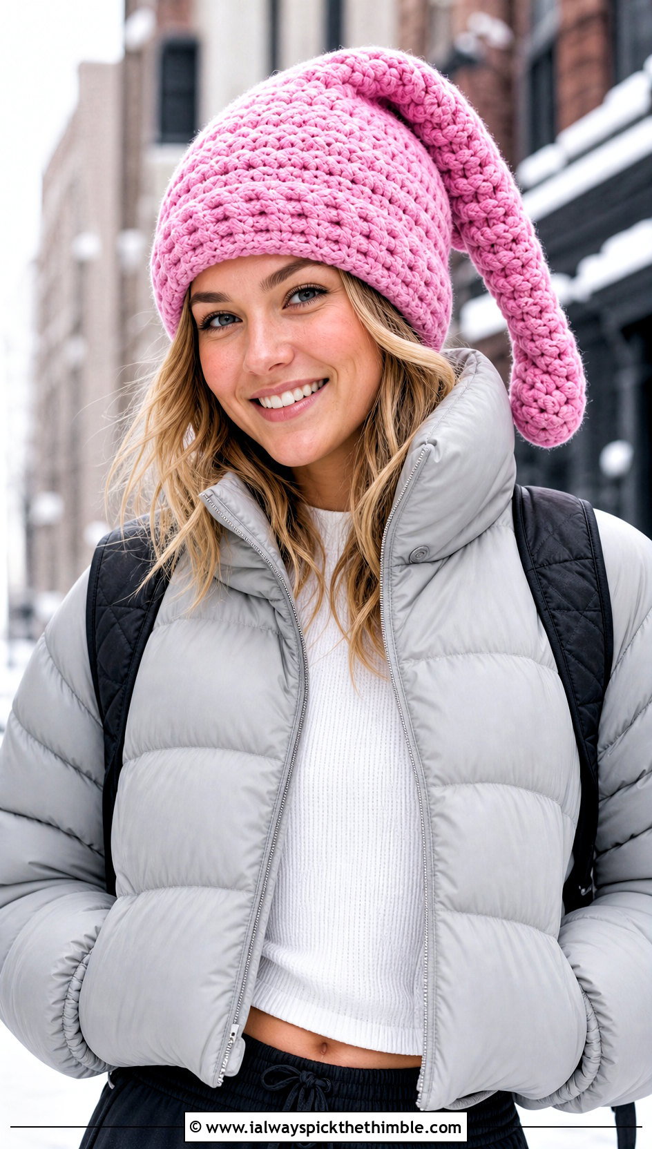 Chunky Crochet Phrygian Cap With Puffer Jacket And Leggings - 15 crochet phrygian cap outfit ideas