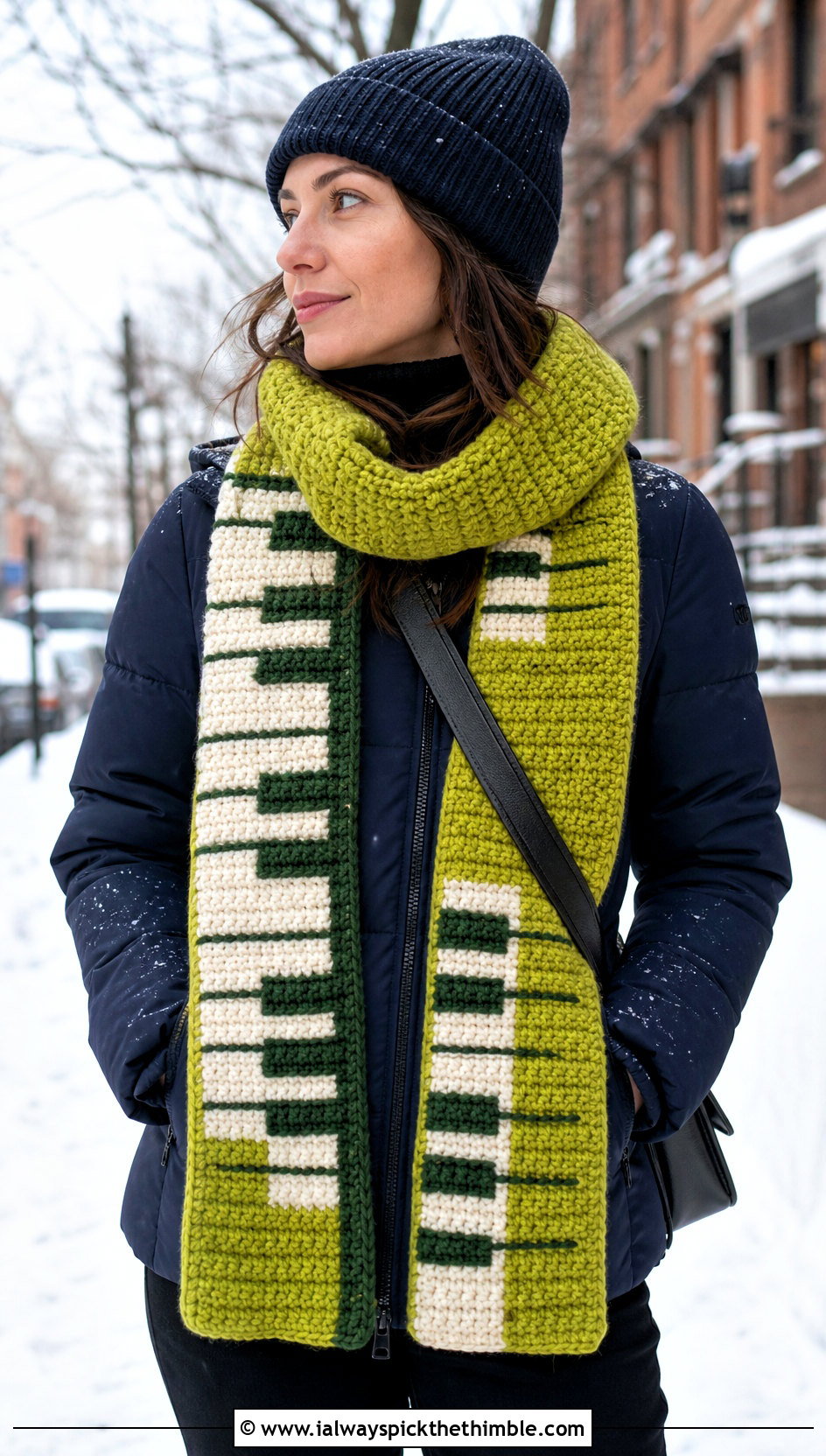 Chunky Crochet Piano Scarf With Puffer Jacket - 25 crochet piano scarf outfit ideas