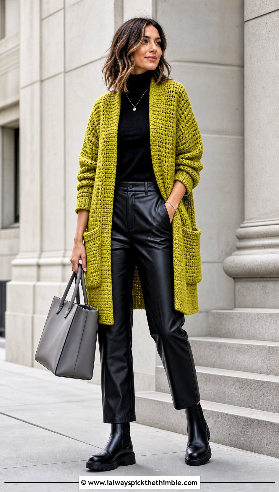 Chunky Crochet Pocket Coatigan With Leather Pants - 20 crochet sweater with pockets outfit ideas