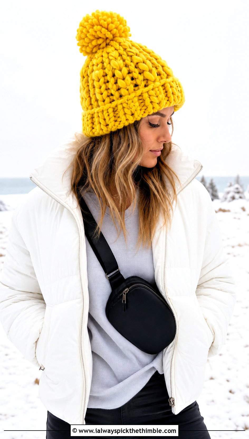 Chunky Crochet Pom Pom Beanie With Puffer Jacket - 25 chunky crochet hat outfit ideas
